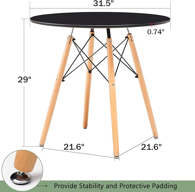 31.5 Inch Small Round Dining Table for 4 People Kitchen Home Modern Leisure Wood Legs Table Black