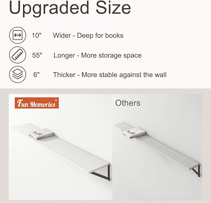 Floating Shelves 55 Inch Long, 10" Deep Floating Shelves, White Wall Shelves 55 x 10, Set of 2, Wide Large Display Storage Shelves for Bathroom, Living Room, Rustic Wood Shelves with Brackets