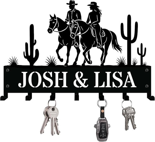 NIWAHO Personalized Western Couple Key Holder – Custom Metal Wall Sign with Hooks, Cactus and Horseback Riding Scene for Rustic Entryway or Desert Cabin Decor