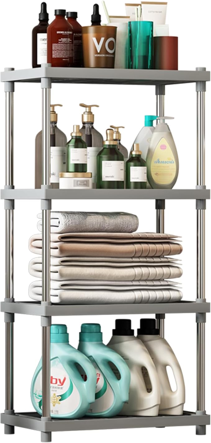 4 Tier Gray Plastic and Metal Standing Shelf Units, Durable Storage Shelves Rack Open Shelving for Pantry Kitchen Bathroom,13MM Steel Tubes