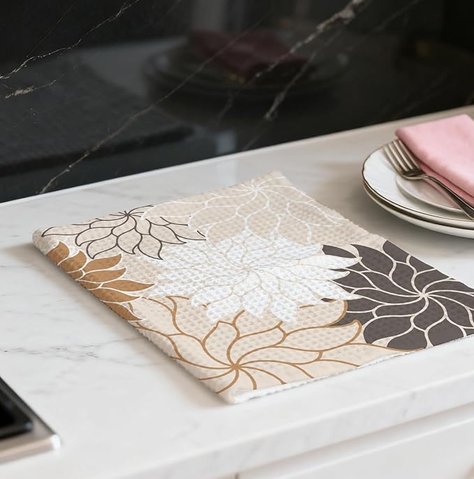 Boho Floral Abstract Waffle Towels, Flower Hand Towel for Bathroom Decor, 16x24 Inch Neutral Brown Flower Dish Tea Towel Decor for Kitchen/Bath/SPA