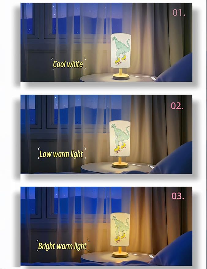 Dinosaur Lamp, Dinosaur Decor Boys Room, 3 Color Night Light Wood Nightstand Desk Base Flaxen Fabric Shade for Bedroom Living Room, Dino Lovers Gifts, LED Bulb Included (Yellow Dinosaur)