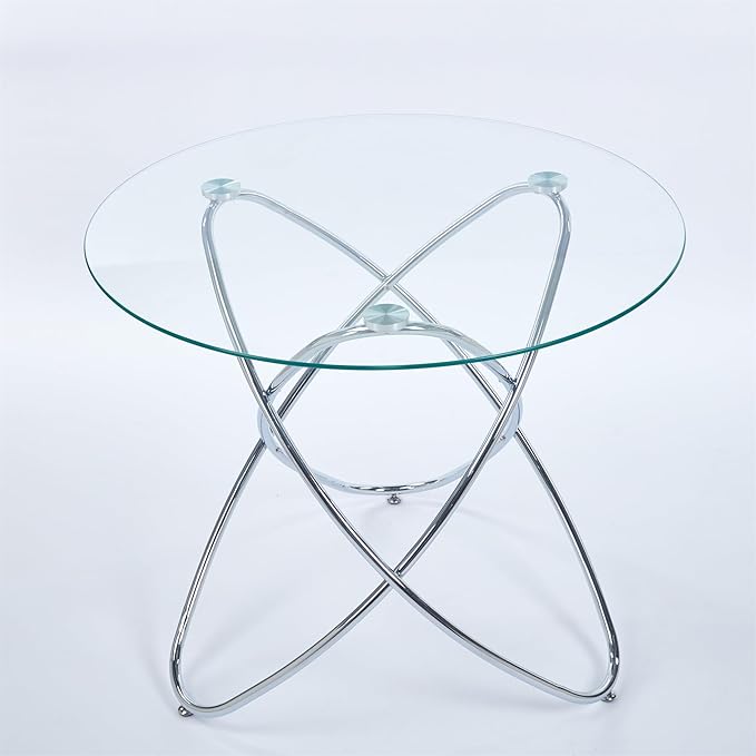 35.4" Round Dining Table for 4, Modern Clear Glass Kitchen Table for 4 with Chrome Metal Legs, Compact Small Circle Dining Room Leisure Tables for Kitchen Apartment