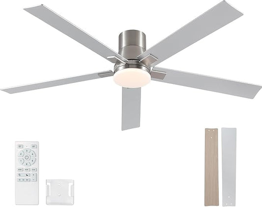 Rayqueen 60 Inch Ceiling Fans with Lights and Remote,Flush Mount Brushed Nickel Ceiling Fan,6 Speed Reversible DC Motor,3CCT Dimmable LED-Low Profile Design for Bedroom, Living room & Covered Outdoor