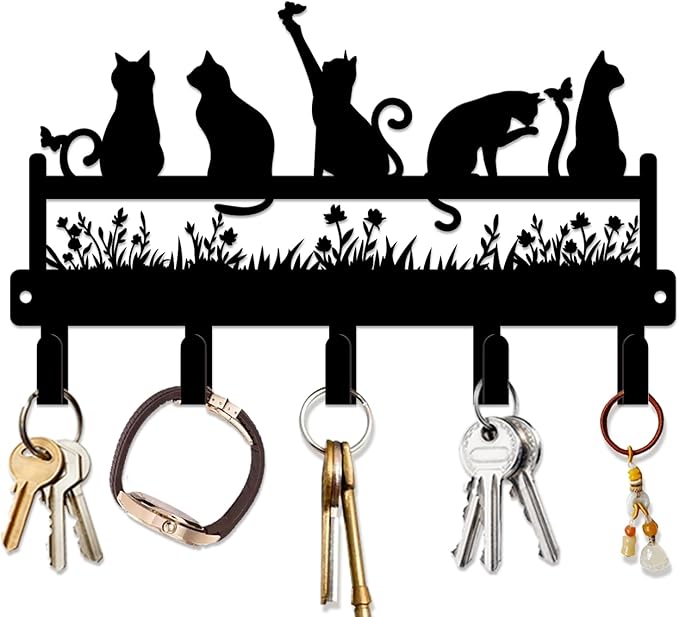 magilab Cat-Themed 10-Inch Iron Key Hooks with 5 Hooks, Black Wall Organizer - Cute Cat Design for Home Decor, No Drill & Screw-in Options (Style I)