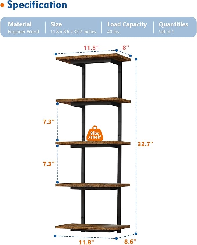 5 Tier Wall Bookshelf Unit for Bedroom Books, Large Floating Book Shelves Wall Mounted, Rustic Wood Lack Tiered Hanging Shelf for Kitchen Office Living Room Corner (Dark Brown)