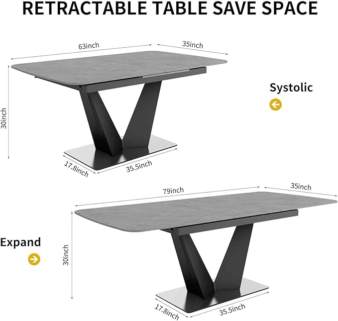 79 ”Modern Dining Table, Seats 6-8, Gray Rectangular Expandable Sintered Stone Dining Table with V-Shaped Carbon Steel Base,for Dining Room (Table)