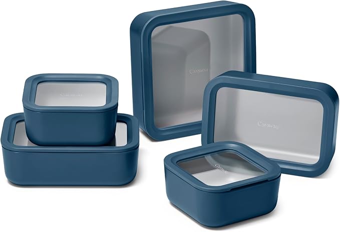 Caraway 13pc Glass Food Storage Container Set - Easy to Store, Non Toxic Lunch Box - with Glass Lids - Includes Storage Organizer - Navy