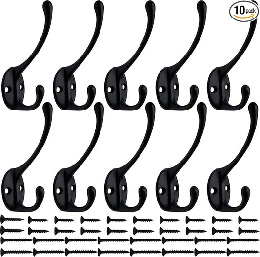 IBosins 10 Pack Heavy Duty Dual Coat Hooks Wall Mounted with 40 Screws Retro Double Hooks Utility Black No Rust Hooks for Coat, Scarf, Bag, Towel, Key, Cap, Cup, Hat (Black)