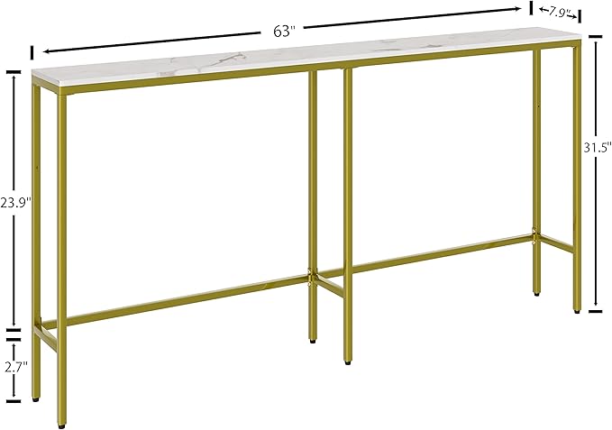 63" Console Table,Modern Narrow Long Sofa Table Behind Couch,Skinny Entry Table with Gold Metal Frame for Living Room, Hallway,Marble White