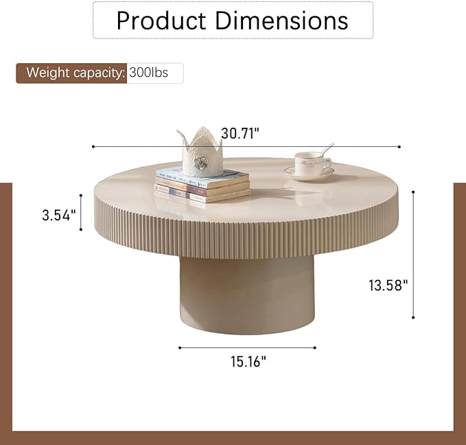 30.71" Round Drum Coffee Tables Modern Handcraft Drum Coffee Table Circle Coffee Table with Sturdy Pedestal, Fluted Wood Coffee Tables Accent End Table for Living Room Apartment,White