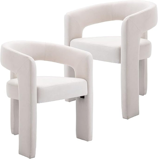 Set of 2 Modern Linen Fabric Upholstered Dining Chairs with Open-Back, Cute Barrel Side Chairs Kitchen Armchair Accent Chairs for Dining Room Bedroom, Ivory