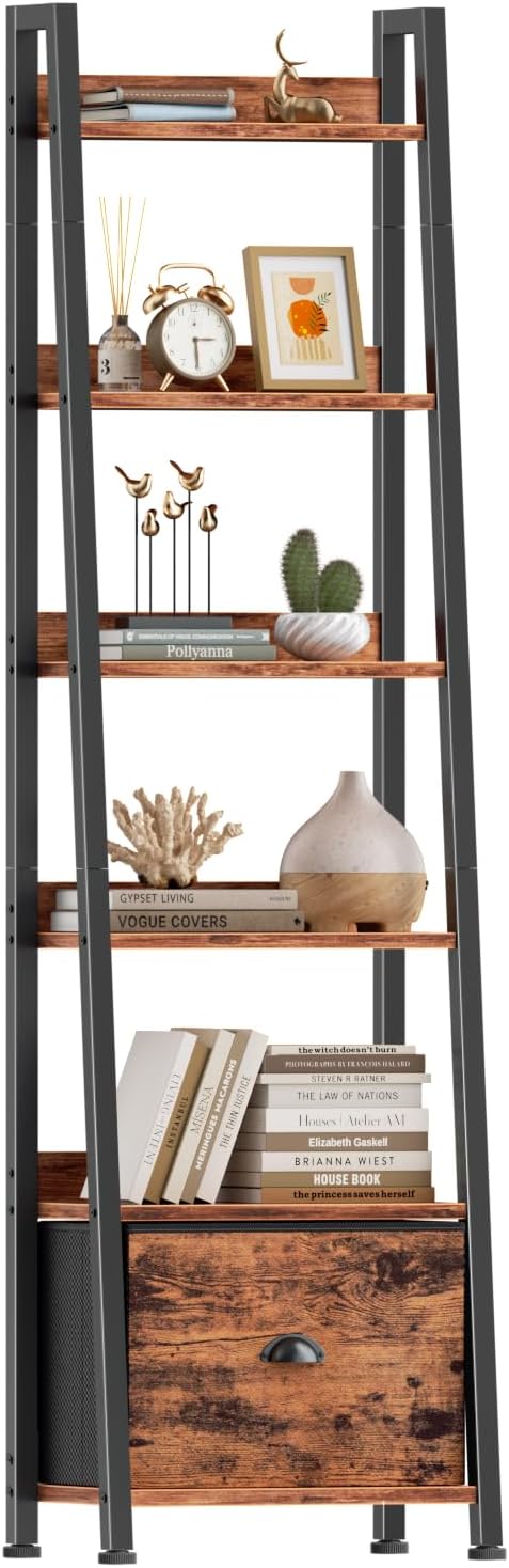 Furologee 6 Tier Ladder Shelf,Ladder Bookshelf with Drawer,Industrial Tall Bookcase,Storage Rack Organizer,Wood Metal Freestanding Shelves for Living Room, Home Office, Bedroom,Rustic Brown