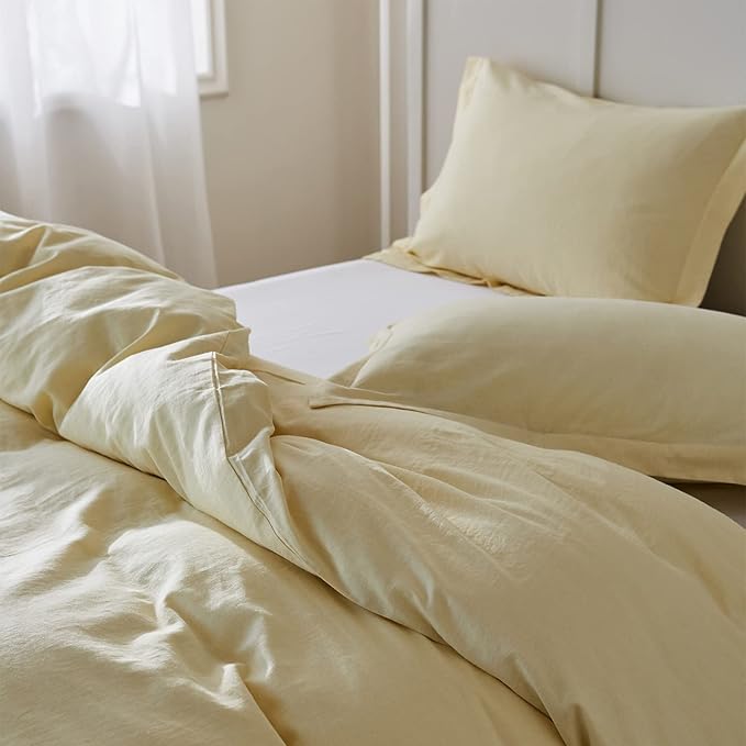 Simple&Opulence French Linen Duvet Cover Set - Twin Size(68" x 86")- 2 Pieces (1 Comforter Cover,1 Pillowcase)- Natural Flax Cotton Blend-Solid Color Breathable Farmhouse Bedding-Pale Yellow
