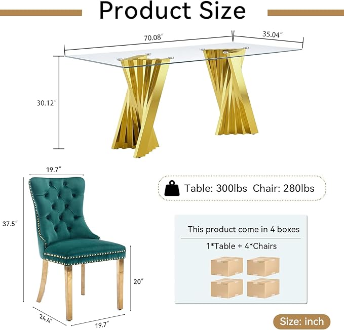Goujxcy Modern 5 Piece Glass Dining Table Set Luxury Glass Kitchen Table and Chair Set for 4, 70" Large Rectangular Dining Room Table with 4 Tufted Chairs and Stainless Steel Legs (Gold & Green)