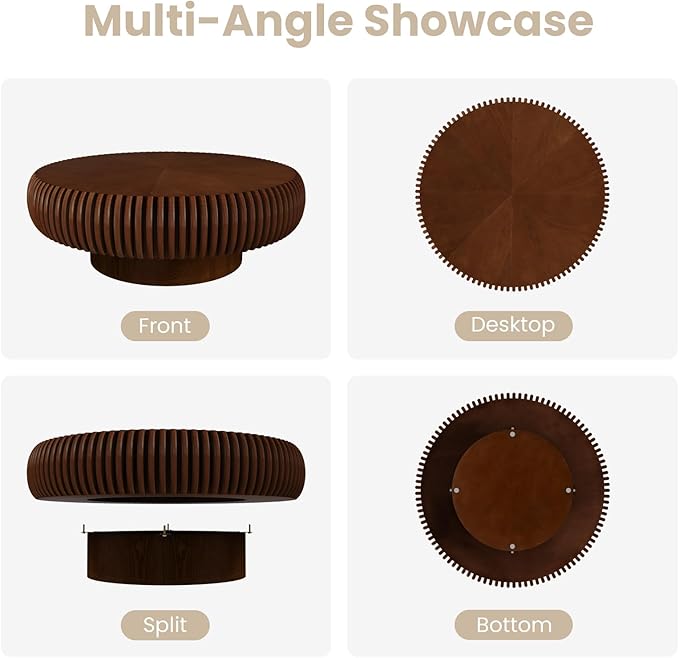 Round Fluted Coffee Table Modern Handcraft Drum Coffee Table with Sturdy Pedestal 39.37" Farmhouse Center Table Tea Table for Living Room, Reception Room, Entertainment Room (Walnut 39.37")