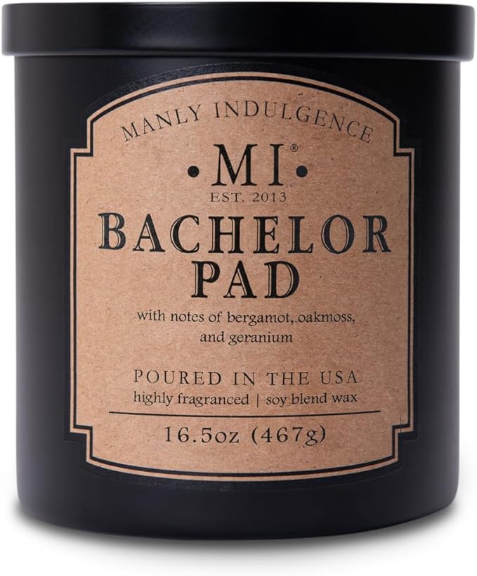 Manly Indulgence Bachelor Pad Scented Candles for Men, 2 Wick, 16.5 oz Premium Soy Blend Wax, 60H Burn, Candles for Home Scented - Made in The USA