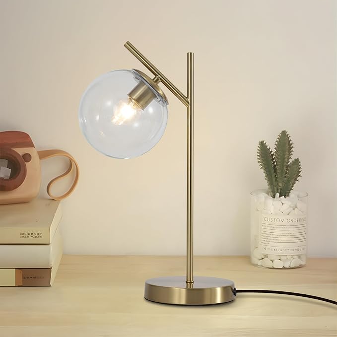 Mid Century Modern Table Lamp, Contemporary Metal Brass Bedside Lamps with Clear Glass lampshade, Gold Globe Nightstand Lamp for Bedroom Living Room Study Room