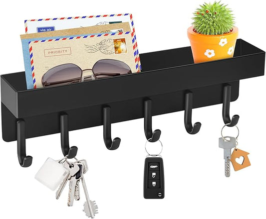 VIS'V Key Holder Wall Mount, Compact Adhesive Key Rack with Tray, 6 Hooks, 2 Mount Options, Black