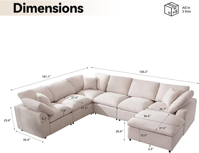 Modular Sectional Sofa Modern Oversized Chenille Cloud Couch with Movable Ottoman 7 Seater L-Shaped Sofas Comfy Couches for Living Room Spacious Space Office Lounge, Beige