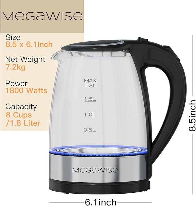 MegaWise Electric Kettle, 1.8L Borosilicate Glass Tea Kettle with LED Light, Auto Shut-Off and Boil-Dry Protection Cordless Kettle Fast Boiling