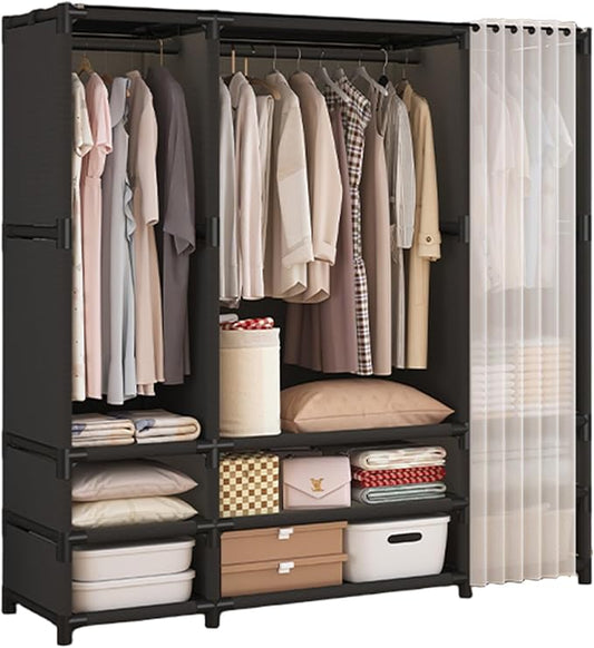 Portable Closet,Portable Closets for Hanging Clothes,Japanese Style Garment Rack with 3 Hanging Rods,9 Storage Shelves,56.2" L x 17.7" W x 65.1" H,Black