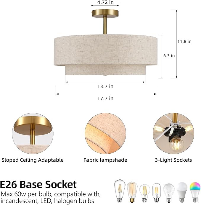 18" Semi Flush Mount Ceiling Light with Fabric Lampshade Modern Drum Ceiling Lamp Gold Ceiling Light Fixture for Dining Room Kitchen Bedroom Living Room