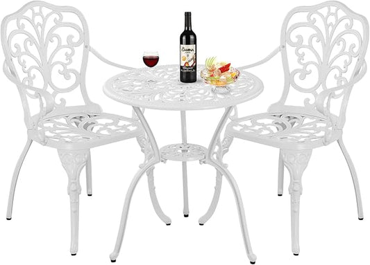 Patio Bistro Set 3 Piece Cast Aluminum Outdoor Bistro Set, Rust Resistance Bistro Table and Chairs of 2 with Umbrella Hole, Small Patio Set for Garden Outside, White