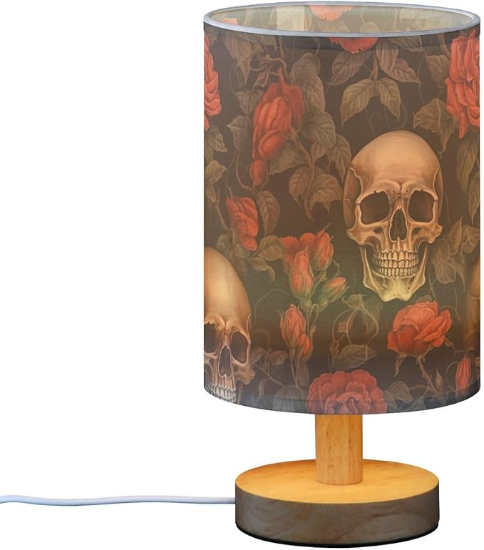 Bedside Lamp Skull Gothic Red Rose Flower Table Lamp with USB Port Wood Base for Living