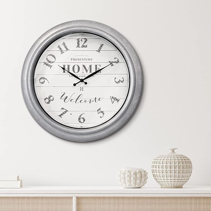 Presentime & Co 18" Vienna Modern Farmhouse Luminous Indoor/Outdoor Clock, Shiplap Style, Galvanized Silver Finish, Night Light with Smart Sensor, Wall Decoration, Outdoor Lights & Decoration.