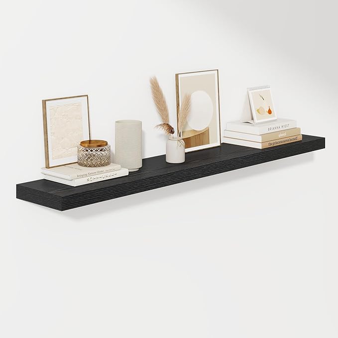 Fun Memories 55 Inch Floating Shelves for Wall, Fireplace Mantel Shelf with Invisible Heavy Duty Bracket, 8 Inch Deep Storage Shelf for Living Room, Kitchen, Farmhouse, Black