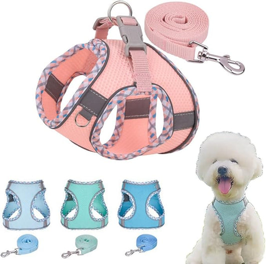 Harness Small Sized Dog with Leash Set, No-Pull Puppy Vest, Breathable Mesh Reflective Pet Cat Harnesses for Outdoor Walking for XXS Xs Small Medium Breed Dogs, Pink-Plaid S