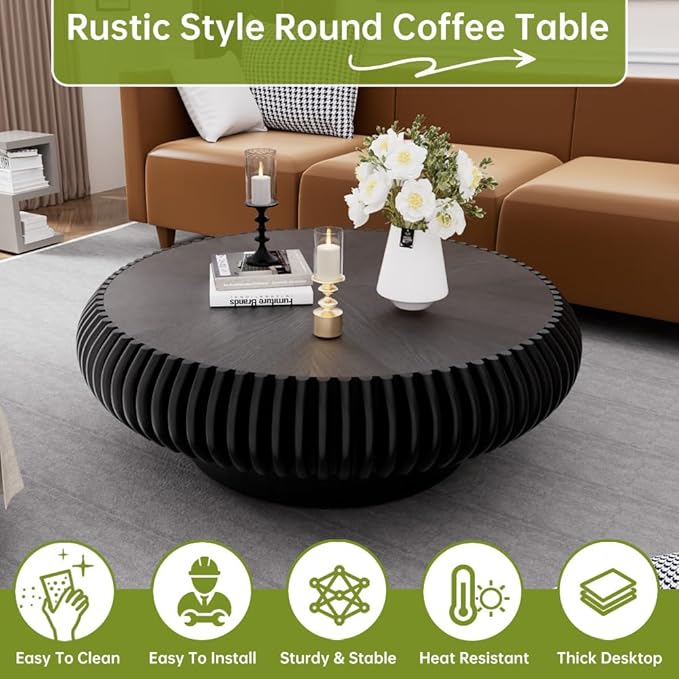 Black Round Coffee Table for Living Room Round Fluted Drum Coffee Table Modern Fluted Coffee Tables for Living Room (Black, 39.3 inch)