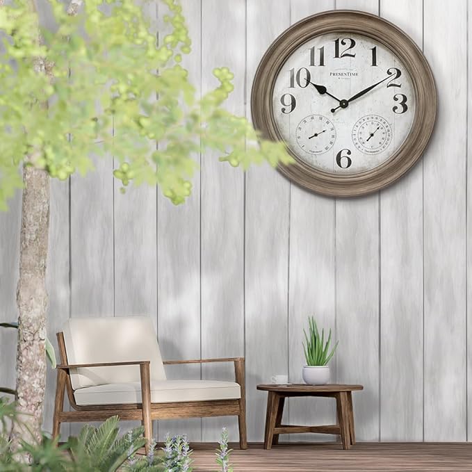 Presentime & Co. 26" Clifton in/Outdoor Farmhouse Clock with Thermometer & Hygrometer as All in One Weather Station, Farmhouse Wall Art and Timepiece for Home Decoration, Light Grey Oak Finish