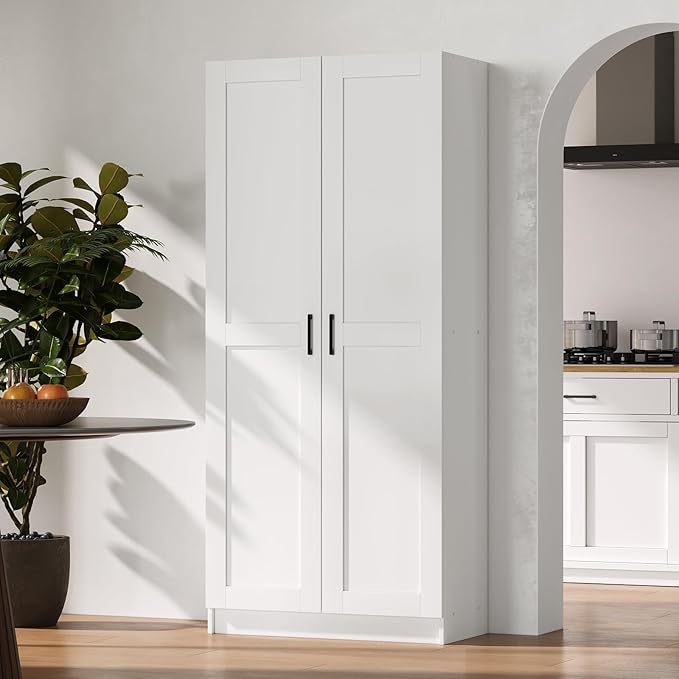 White Tall Kitchen Pantry Cabinet Organizers and Storage with Doors and Adjustable Shelves，Wood Large Gabinetes Para Cocina Office Bookshelf for Laundry Room Cabinets (31.5”W*15.7”D*71”H)