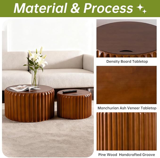 26" Round Nesting Coffee Table Set of 2 with Storage, Modern Round Wood Fluted Coffee Tables with Storage for Living Room Nesting End Table for Small Space (A Walnut)