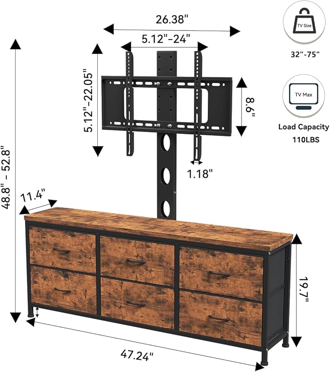 TV Stand with Mount, Fabric Dresser with 6 Drawers for 32/45/55/60/65/75 inch TVs, Dresser Entertainment Center, Modern Media TV Console Table