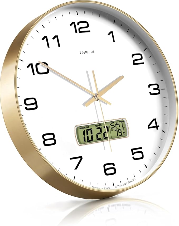 Wall Clock, 13" Dial Non-Ticking Silent Battery Operated Analog with LCD Display for Perpetual Calendar and F° Temperature, Ideal Modern Home, Bedroom, Kitchen, Office Decor (Gold)