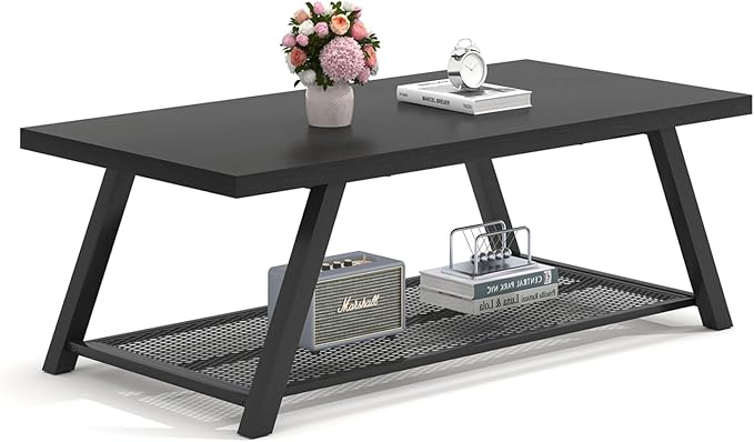 FOLUBAN Black Coffee Table, Modern Rustic Wood and Metal Living Room Table with Storage Shelf, Industrial Rectangle Cocktail Tea Table, 47 Inch