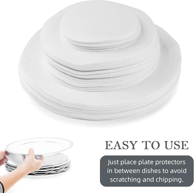 96 Pack Felt Plate Dividers Protectors, Thick Felt Round Plate Separators Pads China Dish Storage Protectors Pads with 3 Sizes for Packing Stacking Porcelain Cookware, White