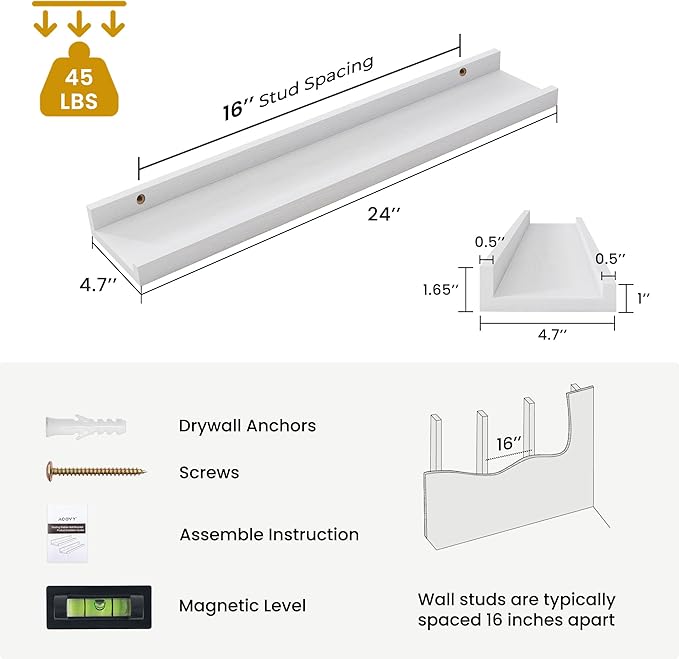 Solid Ash Wood Picture Ledge Shelf, 24 Inch Floating Shelves with Lip Set of 2, Photo Ledge Shelf Nursery Bookshelf Wall Mounted for Living Room Bedroom Decor, White