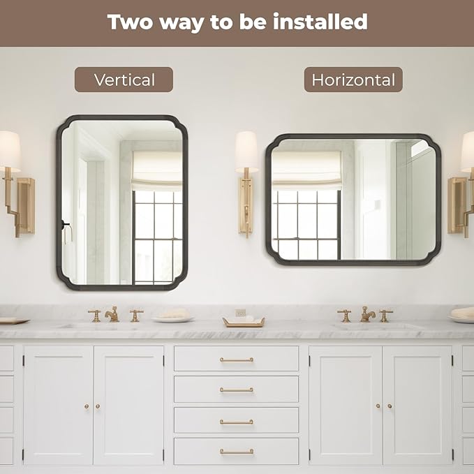 WallBeyond 30" x 40" Rounded Corner Arch Wall Mirror with Wood Frame for Entryway, Living Room or Bedroom Home Decor - Light Woodgrain [30 x 40 inches, Black]