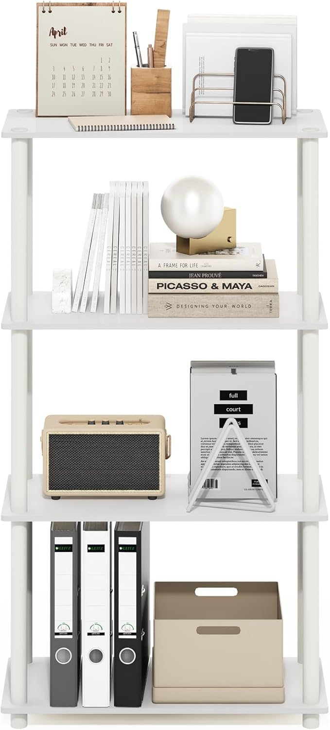 Furinno TURN-N-TUBE Storage Shelves, 4-Tier Toolless Book Shelf, Corner Shelf, Toolless Open Shelves, for Organization and Storage, Living Room, Garage, Home Office, White