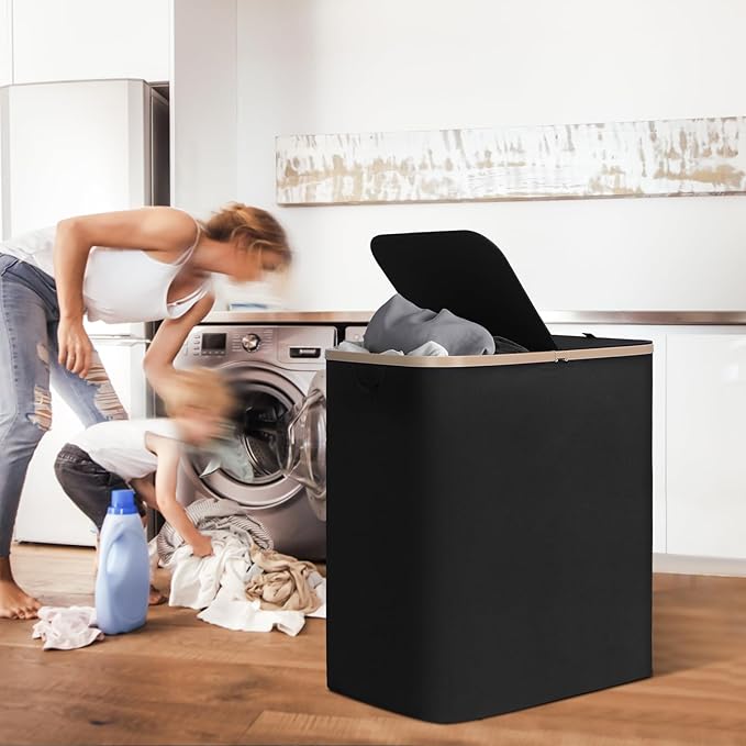 DOKEHOM 160L Double Laundry Basket with Removable Lid and Laundry Bags, Large Collapsible Laundry Hamper with 2 Sections (Black)