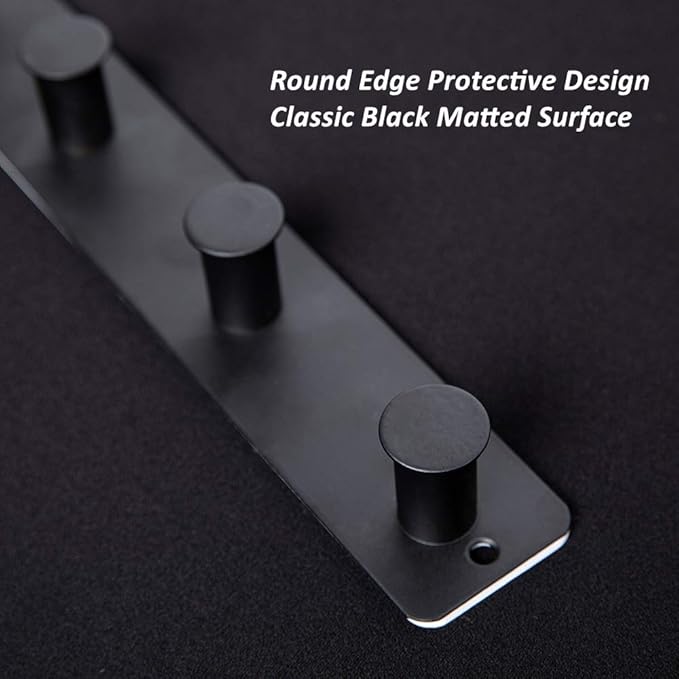 Small Coat Rack Wall Mounted, Black Coat Hooks Adhesive & Screw in, Stainless Steel Wall Hooks for Hanging Hat Towels Clothes, Metal Hook Rail with 4 Round Hangers