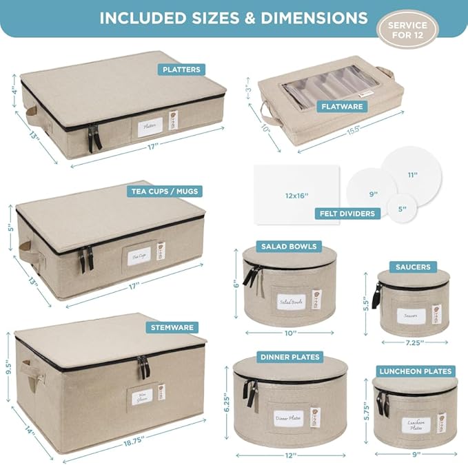 Hard Shell China Storage Containers 8-Piece Set Moving Boxes for Dinnerware, Glasses, Plates, Mugs and Saucers Sturdy Dish Organizer with Dividers for Seasonal Storage - Service for 12 - Brown