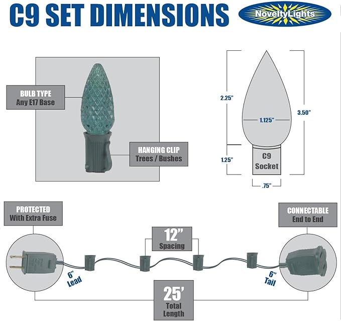 Novelty Lights 25 Feet 25 Light C9 Ceramic Style LED String Lights, Warm White, Pre-Lamped Holiday Lights on Green Wire, UL Listed Indoor/Outdoor, Connectable End-to-End