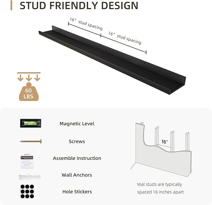 Picture Ledge Shelf, Wood Long Floating Shelves for Wall, Set of 2, 48 inch Picture Ledge Shelves, Photo Ledge Nursery Book Shelves Wall Mounted for Living Room Kids' Room Bedroom, Color Black