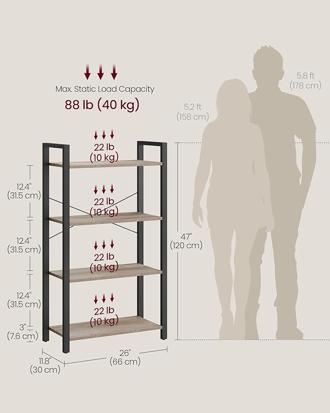 VASAGLE 4-Tier Bookshelf, Bookcase with Steel Frame, Book Shelf for Living Room, Home Office, Study, 11.8 x 26 x 47 Inches, Industrial Style, Heather Greige and Ink Black ULLS060B02