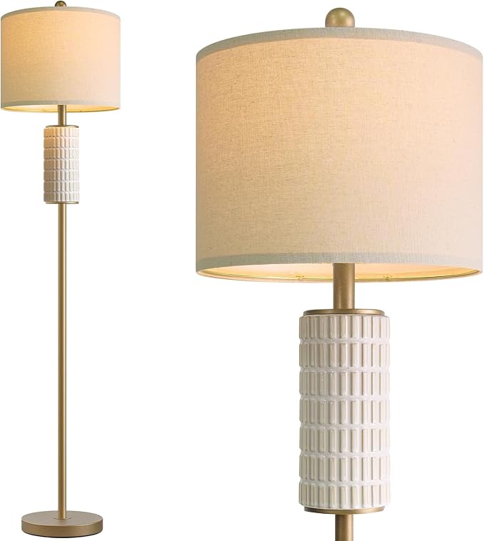 PoKat Antique Gold Ceramic Floor Lamp for Living Room Bedroom, 64" Modern Tall Standing Lamp with Rotary Switch, Traditional Living Room Lamp for Corner, Home Office, Nursery, Warm Gold